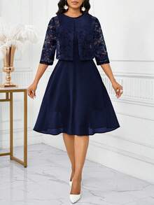 SHEIN Lady Bộ 2 món áo không tay ren trơn màu thanh lịch dành cho nữ, váy dự tiệc và sinh nhật mùa hè/váy công sở/váy đi nhà thờ/váy cưới/váy ngày lễ/ - Màu xanh hải quân - Xem 5