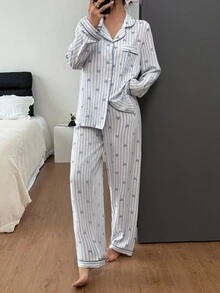 SHEIN 女士优雅条纹爱心翻领印花长袖上衣和裤子睡衣套装，带口袋，梭织面料睡衣，秋冬服装