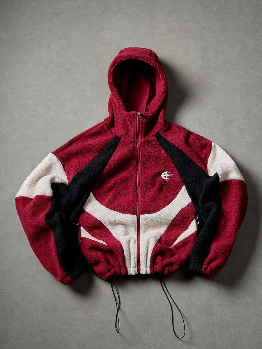 Manfinity EMRG Men's Contrast Color Patchwork Zip-Up Hooded Long Sleeve Jacket, Autumn/Winter Y2k Zip Up Street Wear Jacket - Red - View 1