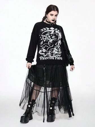 Goth Suéter de talla grande con estampado de texto de gato y luna romántico gótico, suéter navideño de talla grande, suéter casual gótico romántico de talla grande para mujer, suéter/chaqueta de talla grande de estilo gótico romántico, suéter negro vintage romántico de talla grande con estampado gótico oscuro casual, suéter negro casual de talla grande para uso diario