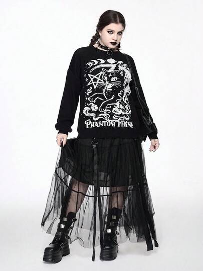 Goth Suéter de talla grande con estampado de texto de gato y luna romántico gótico, suéter navideño de talla grande, suéter casual gótico romántico de talla grande para mujer, suéter/chaqueta de talla grande de estilo gótico romántico, suéter negro vintage romántico de talla grande con estampado gótico oscuro casual, suéter negro casual de talla grande para uso diario