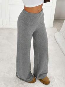 SHEIN EZwear 女款秋冬新款灰色翻领腰带超低腰针织毛衣裤 - 灰色 - 查看 4