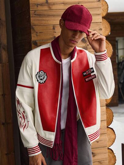 SWAVVY Men's Colorblock Patchwork Jacket, For Fall Winter