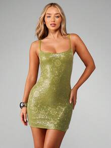 MISSGUIDED Sequin Embellished Lace Mini Bodycon Dress Vintage Floral Metallic Evening Party Club Holiday Formal Wedding Spring Summer Celebration Occasion Night Out - Green - View 1