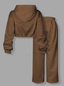 INAWLY 2pcs Women Solid Color Hooded Drawstring Loose Cropped Sweatshirt Set - Chocolate Brown - View 2