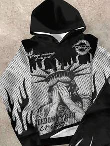 SHEIN Conjunto informal de niño adolescente con sudadera con capucha con estampado de llamas abstractas y pantalones acampanados - Multicolor - Ver 3