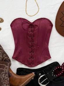 Soleia 性感绒面革抹胸铆钉解构短款上衣，适合节日、约会、下午茶、度假、音乐节、波西米亚风、游轮、海滩、夏季 - 酒紅色 - 查看 3