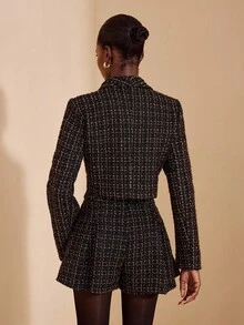 JIAN LASALA 亮片黑色粗花呢短版夾克上衣與百褶短裙套裝 女款秋冬優雅套裝 粗花呢夾克 女裝套裝 粗花呢兩件套西裝外套套裝 女款奢華時尚服飾系列 - 黑色 - 查看 2