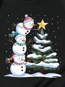 圣诞节女式休闲时尚卡通可爱雪人圣诞树印花圣诞树创意口号图形短袖T恤图形T恤女式上衣 - 黑色 - 查看 6