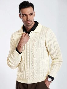 Manfinity Homme Pull col roulé décontracté à manches longues avec motif géométrique texturé pour hommes, automne/hiver - Nude - Voir 3