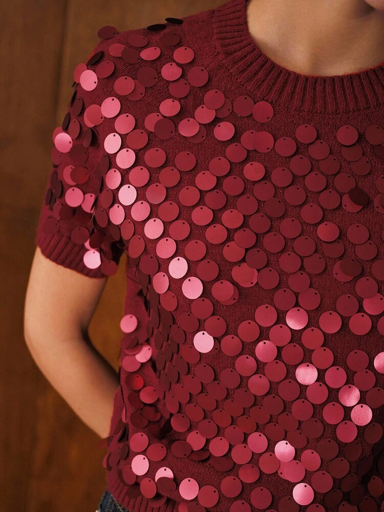 FASHIONABLE VERSATILE SEQUIN EMBELLISHED SHORT SLEEVE KNIT TOP