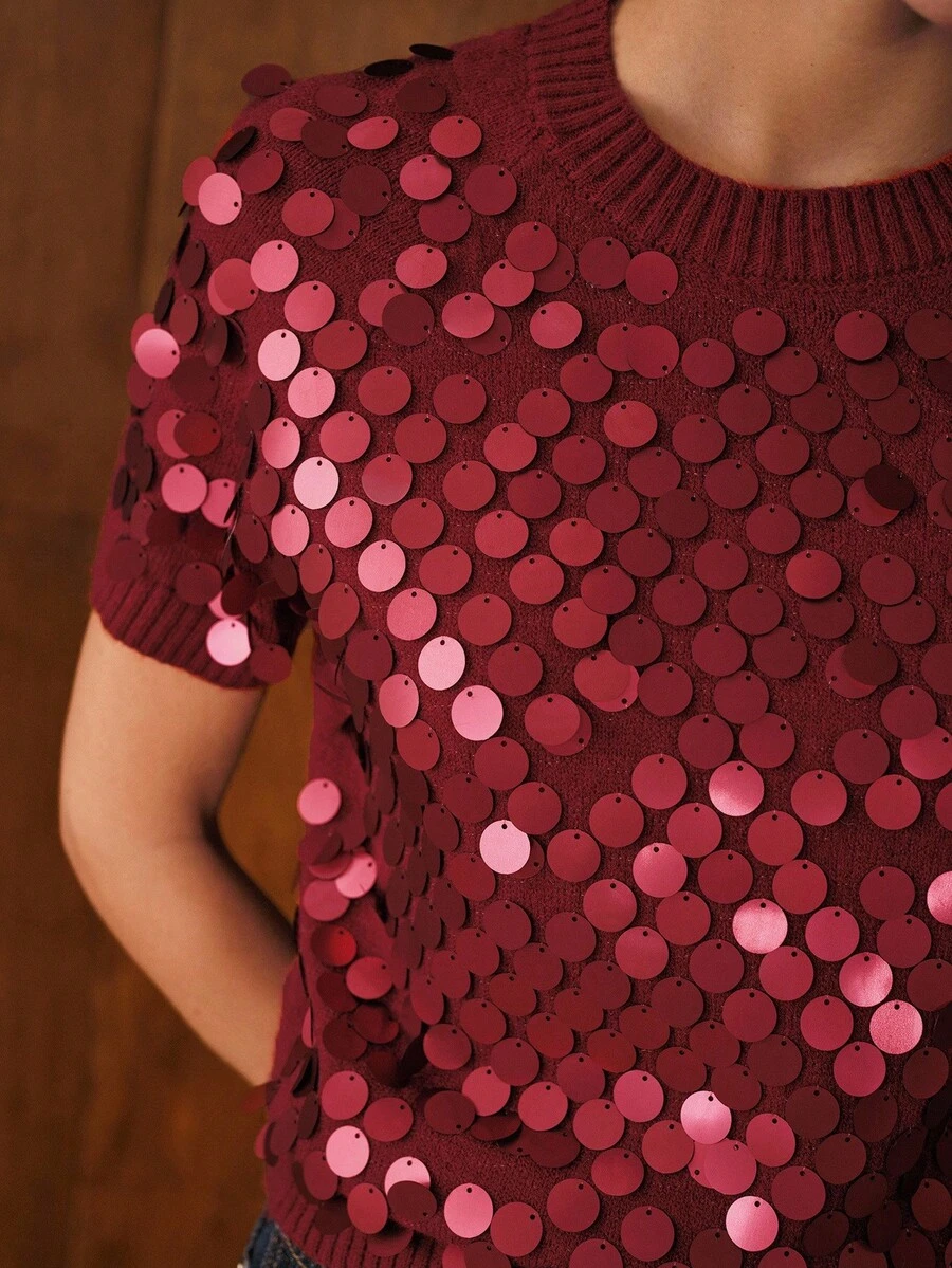 MOTF PREMIUM FASHIONABLE VERSATILE SEQUIN EMBELLISHED SHORT SLEEVE KNIT TOP - Red - View 2