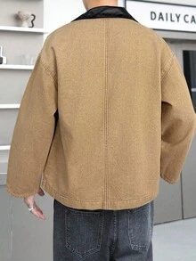 SHEIN 青少年男孩时尚休闲 Y2K 复古酷炫街头返校学院风卡其色撞色皮领长袖牛仔夹克，柔软舒适，适合日常穿着、秋冬季节、锐舞音乐节和街头潮流。 - 卡其色 - 查看 2