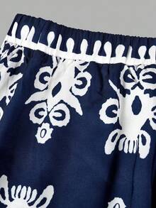 SHEIN Tween Girl Casual Fitted Vacation Print Crew Neck Cropped Sleeveless Tank Top And Shorts Woven Set - Navy Blue - View 10