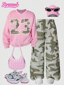 SHEIN Explorewe Streecool Tween Girl 女童休闲宽松简约数字图案圆领长袖运动衫 + 直筒迷彩裤 2 件套 - 粉色 - 查看 4