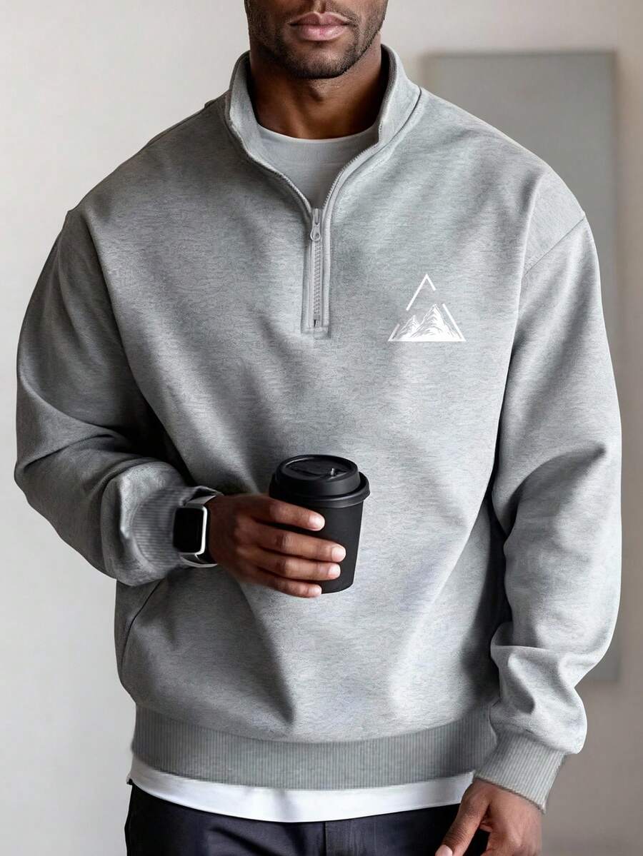 Manfinity Homme 男士立领半拉链卫衣，简约三角山峰印花，百搭风格，适合日常休闲及办公通勤。 - 淺灰色 - 查看 1