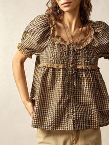 Bohemela 休闲编织格子泡泡短袖V领宽松女式衬衫 - 彩色 - 查看 5