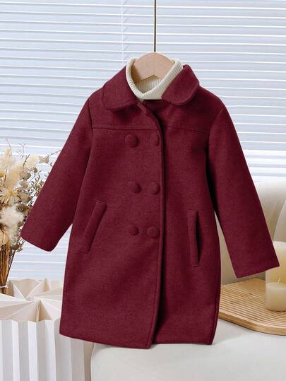 Elladie kids Girls Casual Minimalist Lapel Raglan Long Sleeve Loose Mid-Length Solid Color Overcoat, Autumn/Winter