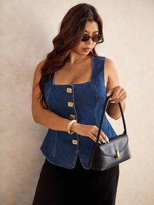 Elaquor Plus Size Dark Blue Denim Top Sleeveless Square Collar Vest Metal Buckle Decoration Elegant French Style Comfortable Stretch Denim