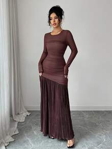 Rafferiza Damen elegantes figurbetontes Kleid mit rundem Ausschnitt, einfarbig, Langarm, Strick-Mesh-Patchwork, plissierter Saum