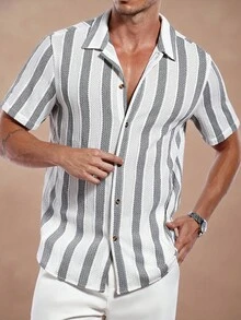 Manfinity Homme 男士休闲条纹 Polo 领衬衫 - 黑與白 - 查看 6