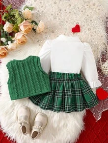 SHEIN Baby Girl Blue Knit Vest + White Long Sleeve Shirt + Plaid Print Skirt 3-Piece Set Green Plaid Skirt Outfit - Dark Green - View 2