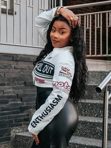 PeachySprinkles 女士街头服饰摩托车短款夹克，女士春秋休闲纽扣前落肩立领宽松白色拼色，字母女士轻便夹克，休闲日常穿着 - 白色 - 查看 3