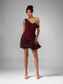 MISSGUIDED One Shoulder Corset Mini Dress With Frill Hem Evening Party Special Occasion Fitted Bodice Flounce Skirt Semi Formal Holiday Ball - Burgundy - View 3