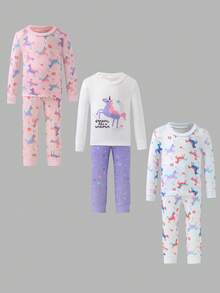 Set de 3 piezas de pijama de niña con camiseta de manga larga y pantalones con estampado de unicornio de dibujos animados