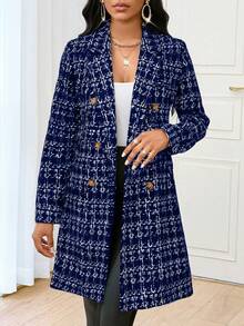 SHEIN Lady 2025 New Autumn And Winter Elegant Commuting Office Navy Blue And White Plaid Knitted Lapel Button Long Sleeve Plus Size Blazers Plus Size Coats Stylish Clothing Collection  Winter Clothes