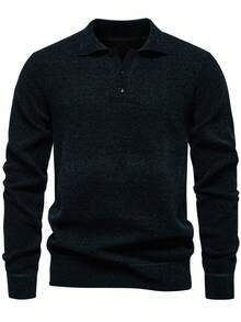 Manfinity Homme Men's Casual Polo Collar Long Sleeve Knit Sweater, Versatile For Autumn - Blue - View 1