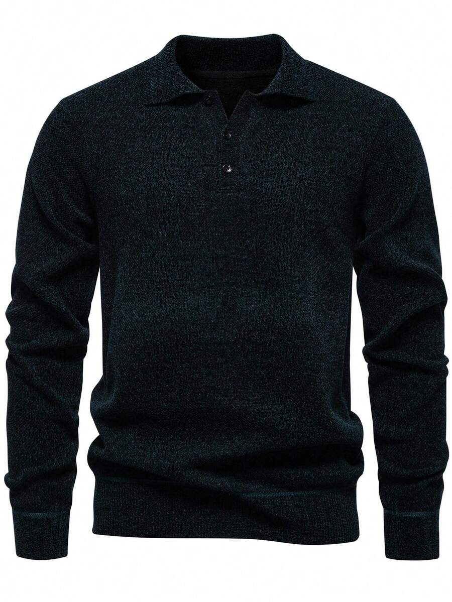 Manfinity Homme Men's Casual Polo Collar Long Sleeve Knit Sweater, Versatile For Autumn - Blue - View 1