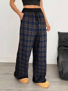 SHEIN Tall Lässige mehrfarbige karierte Hose mit weitem Bein für Damen, lange Hose aus gewebtem Stoff mit Taschendetails und verstellbarem Kordelzug, karierte Hose, lockere Hose für Damen, Pyjamahose, Loungehose, Hose mit weitem Bein für Damen