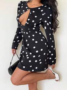 SHEIN EZwear 女式优雅波尔卡圆点印花镂空锁眼领修身迷你连衣裙，春秋装 - 彩色 - 查看 4