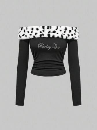 J-Fashion Top mince pour femmes avec patchwork en fausse fourrure à imprimé zébré, style sous-culture de Shibuya, orné de strass, pour la Saint-Valentin