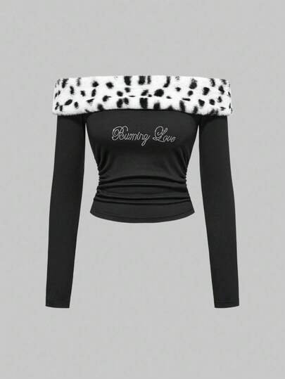 J-Fashion Blusa de mujer con ajuste ceñido, estampado de cebra de piel sintética, parches de punto y adornos de strass, estilo subcultura de Shibuya, para el Día de San Valentín