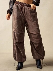 Bohemela Quần ống rộng trơn màu đơn giản có dây rút cho nữ - màu nâu - Xem 5