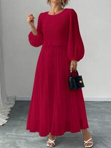 Elenzga 大码咖啡棕色褶皱雪纺长袖连衣裙，秋冬 - 紅色 - 查看 2