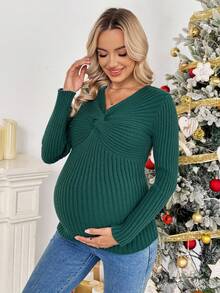 SHEIN كنزة صوفية كاجوال للحوامل بلون أحادي مجدول ضيقة، خريف/شتاء - أخضر داكن - مشاهدة 6