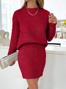 EURMUSE Casual Rib Knit Sweater & Mini Rib Knit Sweater Skirt Co-Ords - Red - View 3