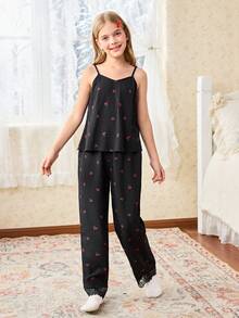 SHEIN Girls' Romantic Cherry Print Lace Camisole & Long Pants Pajama Set - Black - View 4