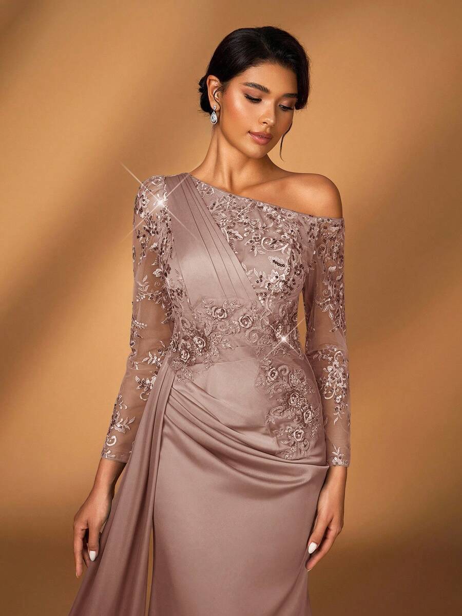 Serin Đầm dạ hội dài tay dáng đuôi cá sang trọng, thanh lịch với ren thêu và đính sequin, chất liệu satin co giãn, xẻ tà bên, thích hợp cho đám cưới, tiệc tùng, kỳ nghỉ, dạ hội, sự kiện buổi tối, đầm dành cho mẹ cô dâu, ngày Valentine. - Bụi hồng - Xem 1