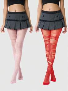 ROMWE Grunge Punk 1 đôi tất đen trơn + 1 đôi tất xám, Bộ combo phong cách Y2K Baddie, Thích hợp mặc hàng ngày khi đi dạo phố - Màu hồng đỏ - Xem 1