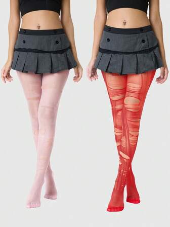 Grunge Punk 1 Paio di Collant Neri Tinta Unita + 1 Paio di Collant Grigi, Set Combo Stile Y2K Baddie, Adatto per Uso Quotidiano e Casual