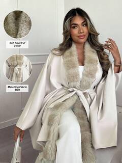 Xyvia Damski, vintage, ekskluzywny, wełniany płaszcz typu poncho z kołnierzem ze sztucznego futra, wiązany, jesień/zima