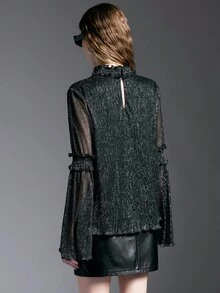 MYSTAURA Women's Fashion Commuter Bell Sleeve Hollow Out Blouse - Black - View 2