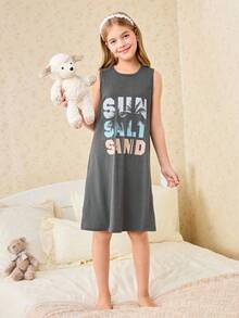 女童字母印花吊带睡衣 - 深灰色 - 查看 5