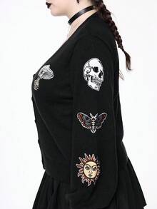 Áo len cardigan dệt kim họa tiết mặt trời, mặt trăng, ngôi sao, đầu lâu Hippie thêu cỡ lớn màu tối - màu đen - Xem 6