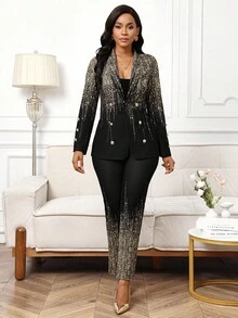 SHEIN Lady Women's Suits, Shiny Printed Fabrics, Suitable For Commuting And Elegant Office Autumn Winter Clothes For Women