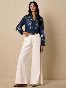 Poéselle 女士花卉刺绣前襟纽扣翻领长袖衬衫 - 藏蓝色 - 查看 3